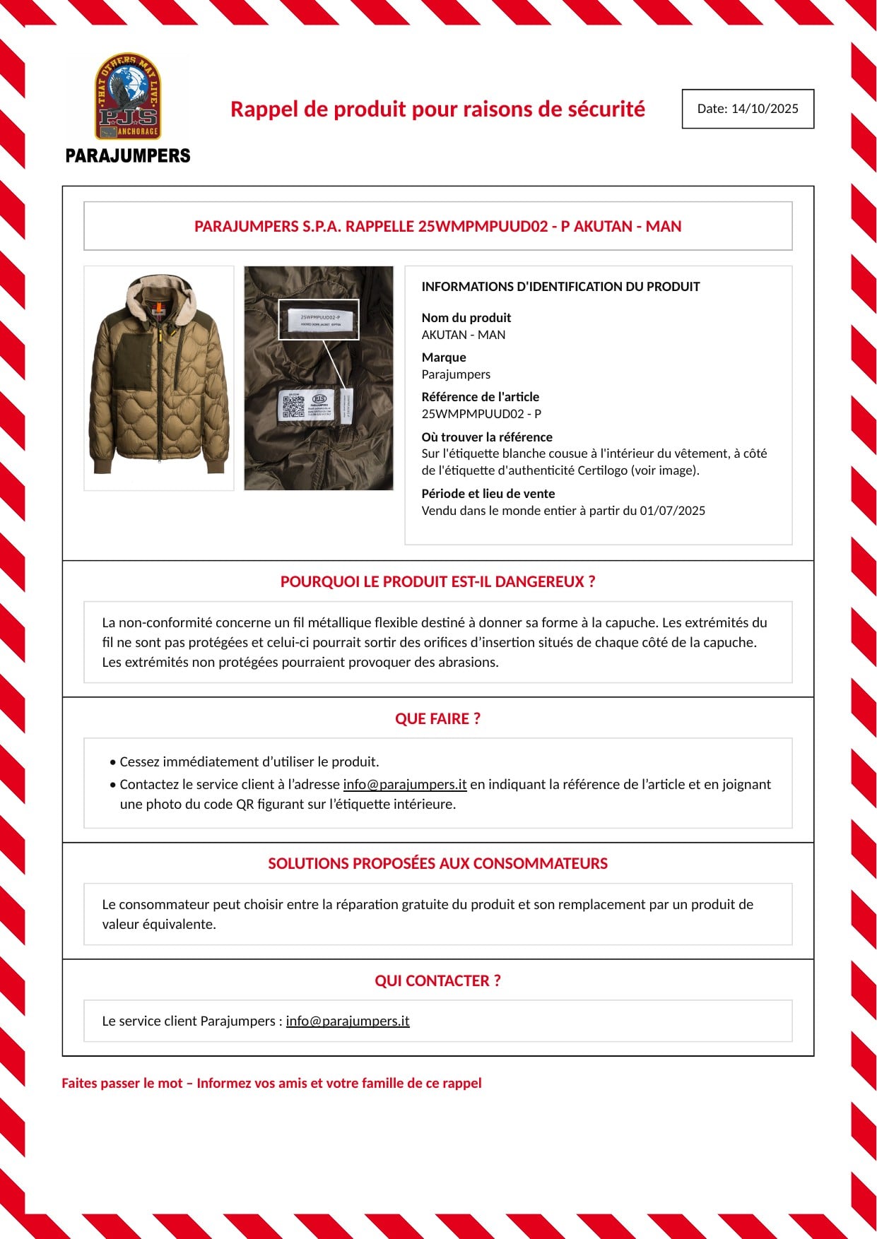 Parajumpers S.p.A. rappelle 25WMPMPUUD02 Akutan - Man : avis de rappel officiel