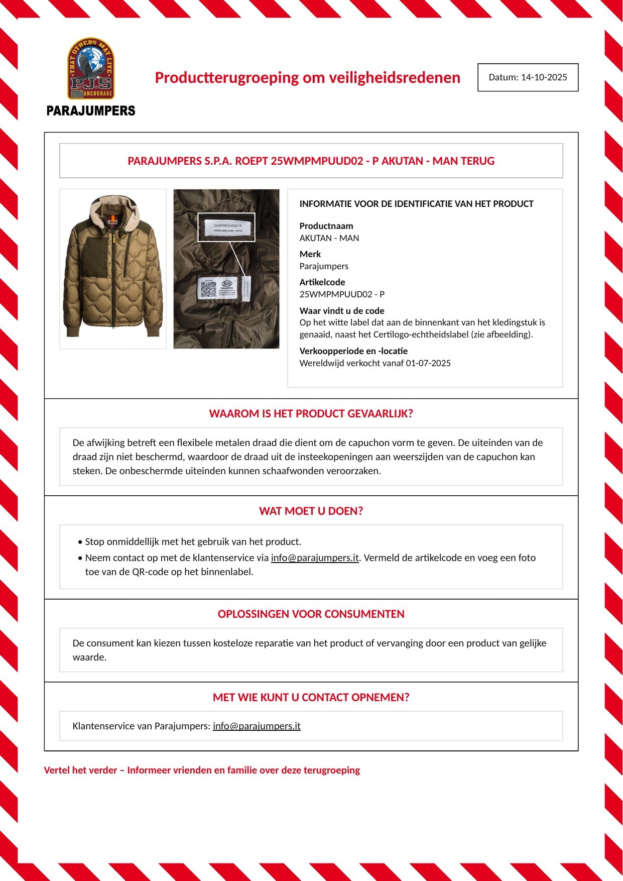 Parajumpers S.p.A. roept 25WMPMPUUD02 Akutan - Man terug: officiële terugroepmelding