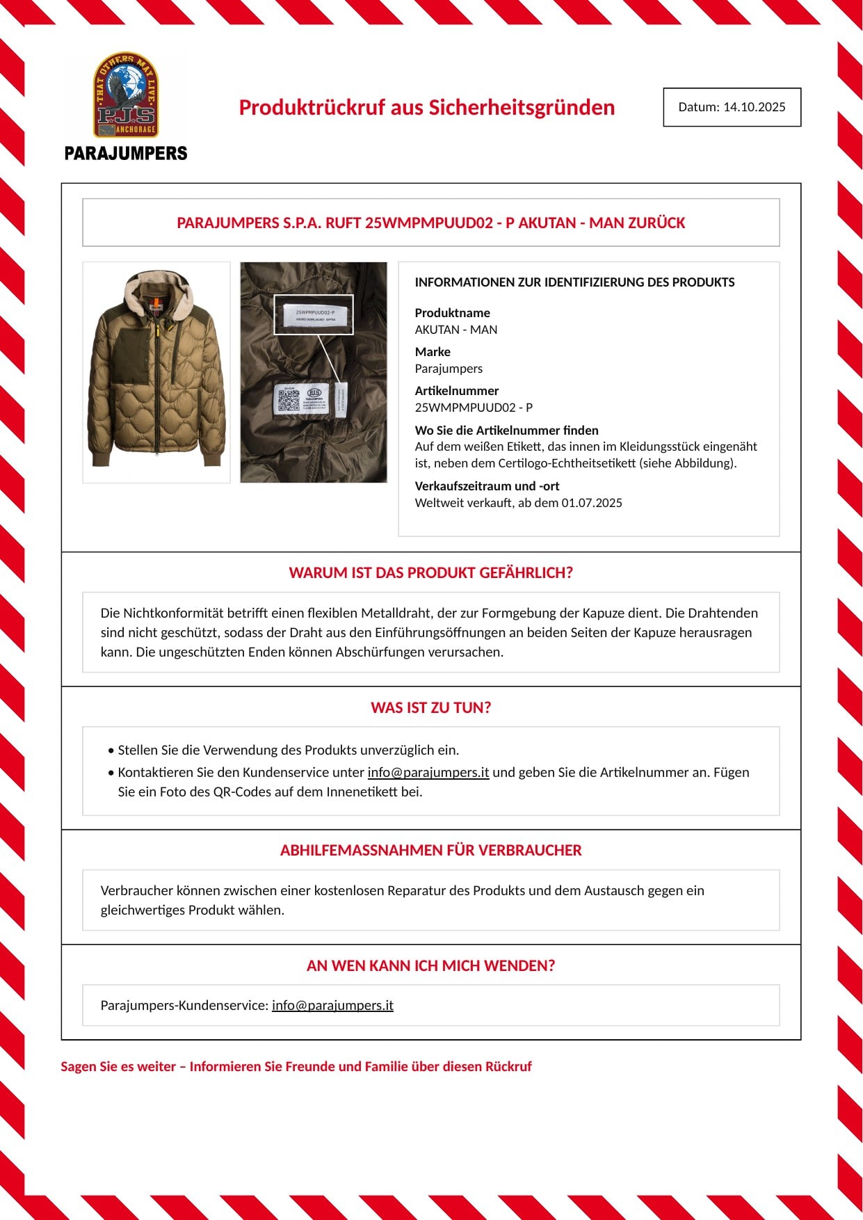 Parajumpers S.p.A. ruft 25WMPMPUUD02 Akutan - Man zurück: offizielle Rückrufmitteilung
